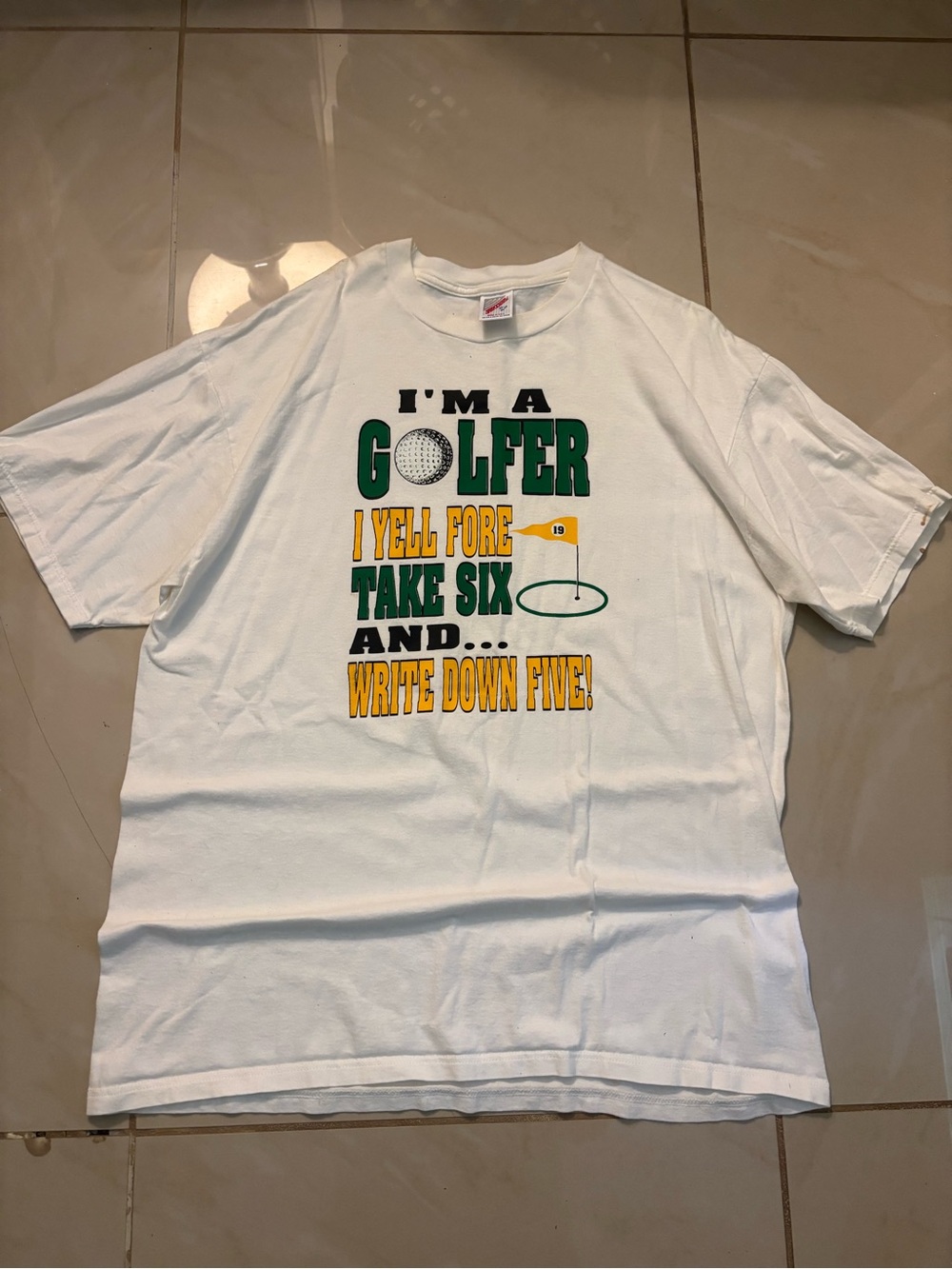 Jerzees White Golfer Graphic Tee with Green and Yellow Print